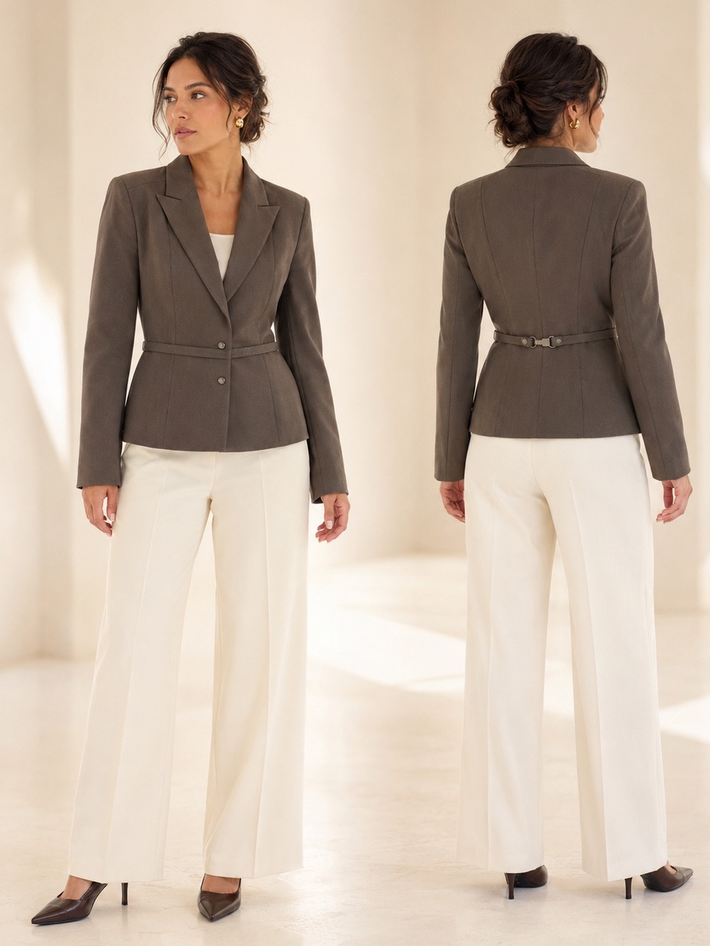 Marc Cain Brown Micro Ribbed Belted Blazer Padded Shoulders Sz N5